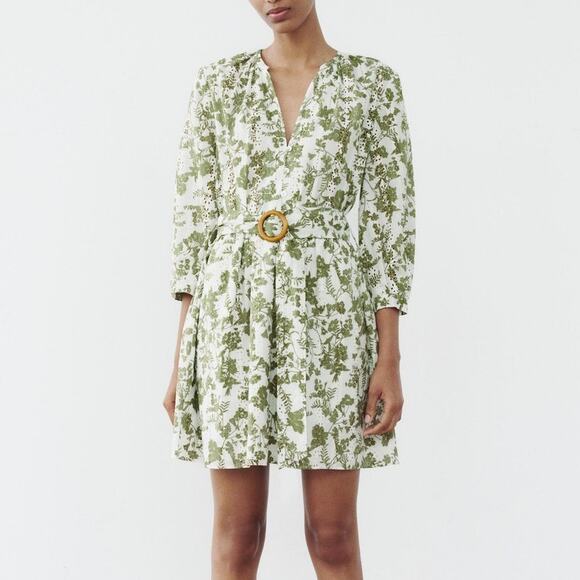Zara Dresses & Skirts - Zara V-neck Embroidered Eyelet Belted Mini Dress in White Green Floral